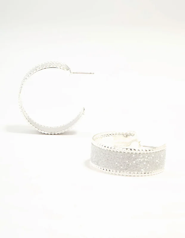 Shiny Drop Earrings-Silver Wide Glitter Hoop Earrings