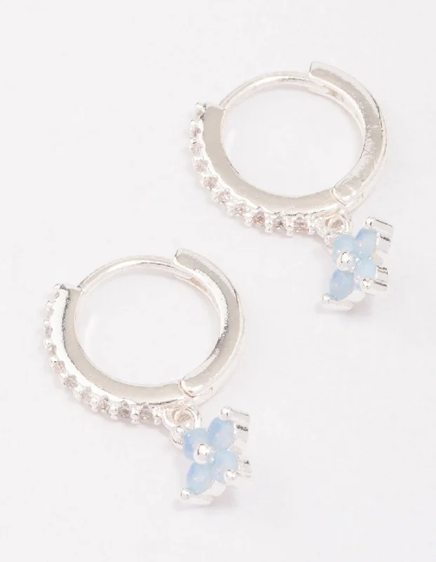 Bold Statement Earrings-Silver Cubic Zirconia Flower Huggie Earrings