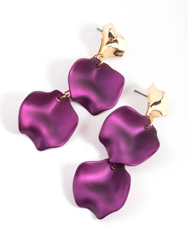 Trendy Ear Hoops-Purple Warp Double Petal Drop Earrings