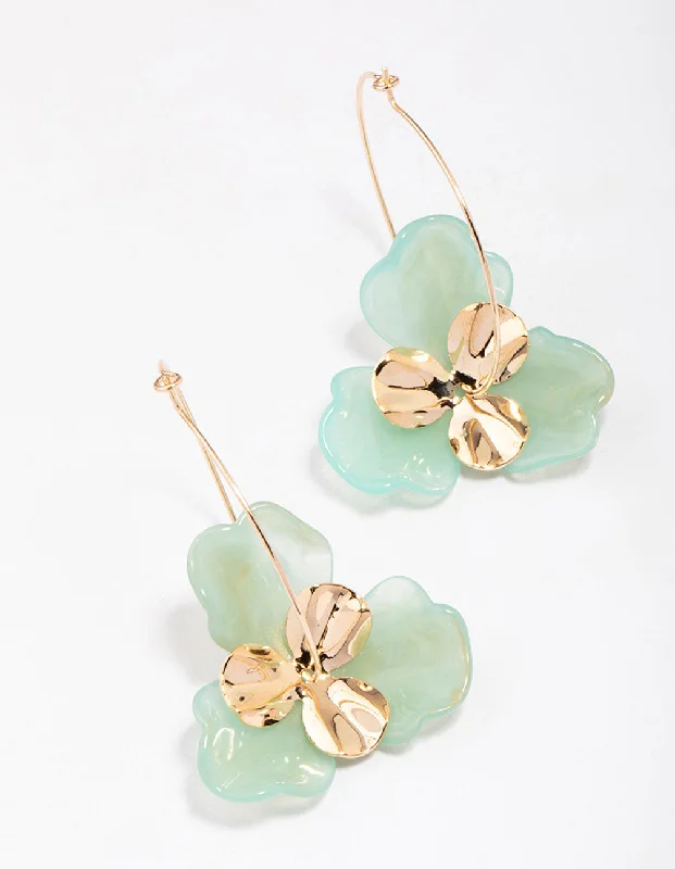 Cute Ear Jackets-Gold & Green Large Flower Wire Hoop Earrings