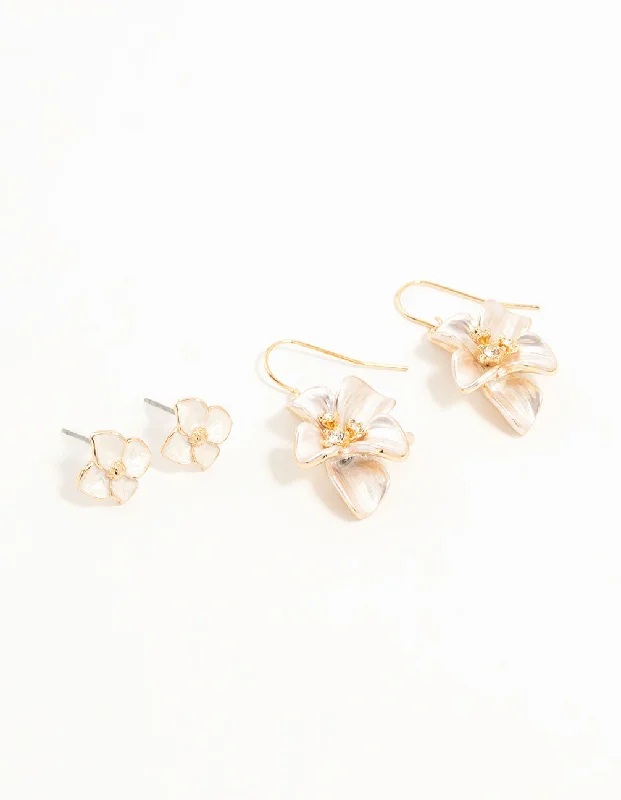 Pearl Ear Jackets-Rose Gold Enamel Flower Earrings 2-Pack