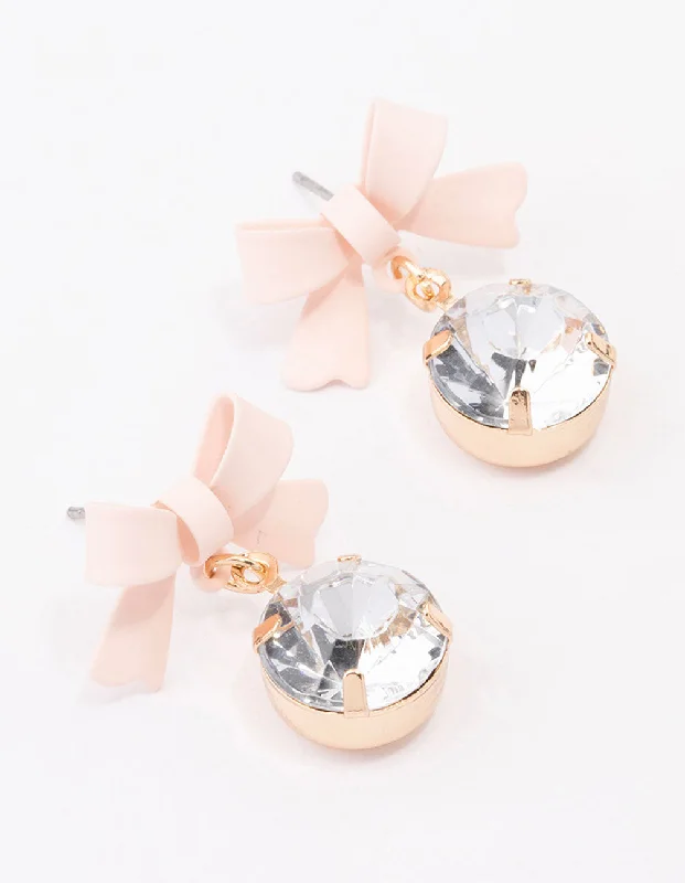 Chic Gold Stud Earrings-Blush Layered Diamante Bow Drop Earrings