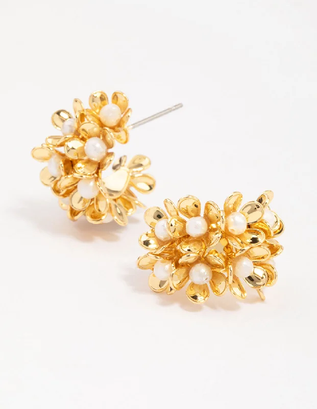 Dainty Pearl Earrings-Gold Plated Freshwater Pearl Flower Hoop Earrings