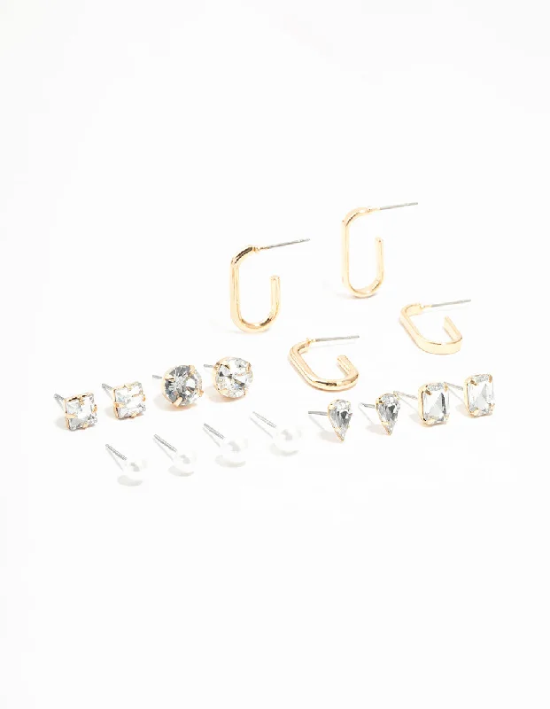 Handmade Dangle Earrings-Gold Hoop & Diamante Stud Earrings 8-Pack