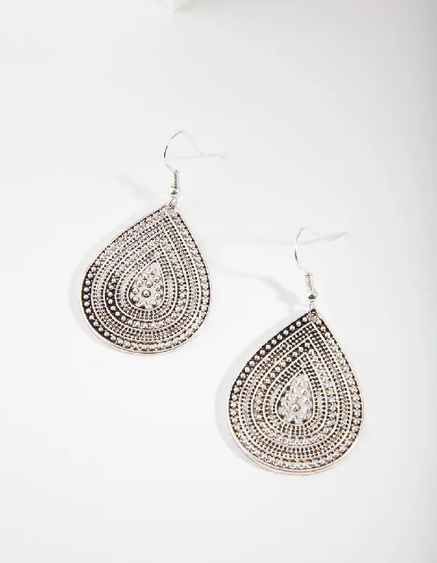 Geometric Silver Earrings-Antique Silver Teardrop Earrings