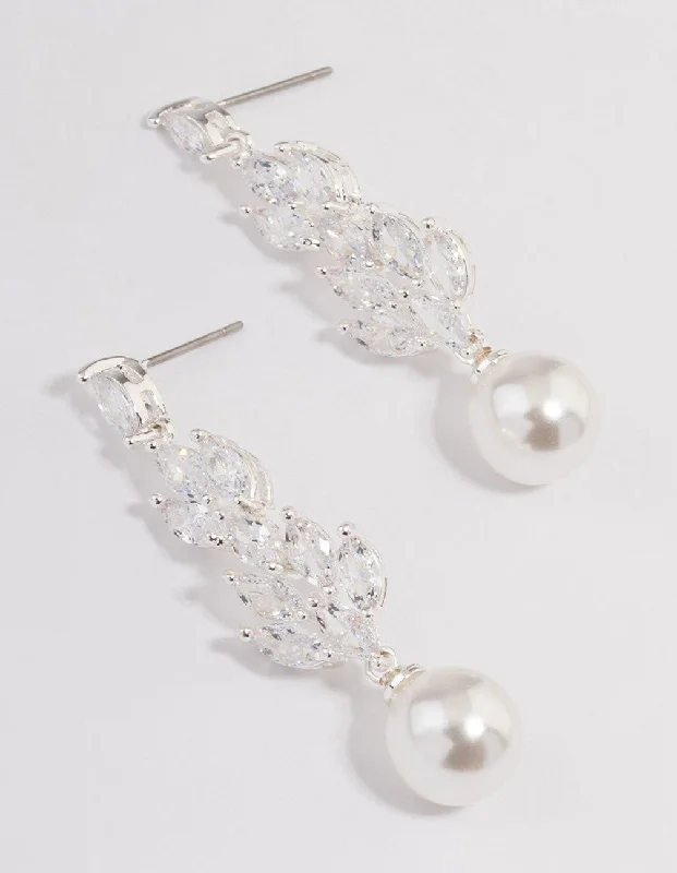 Crystal Drop Earrings-Silver Plated Gradual Cubic Zirconia Pearl Drop Earrings