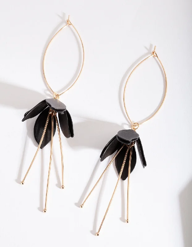 Big Statement Earrings-Black Gold Flower Drop Earrings