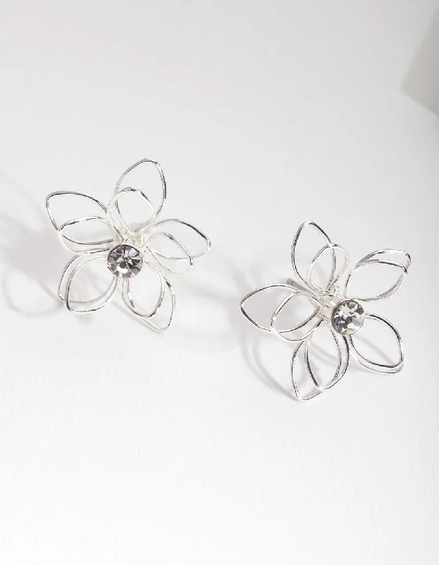 Elegant Drop Earrings-Silver Dainty Diamante Flower Earrings