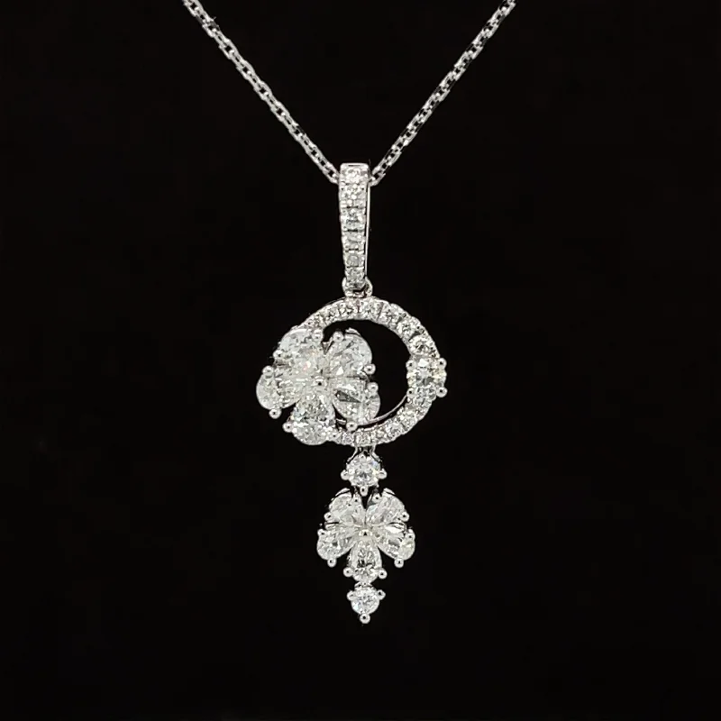 Designer Necklace-Diamond 1.35ctw Floral Cluster Halo Vintage Necklace in 18k White Gold - #285 - PDDIA348303