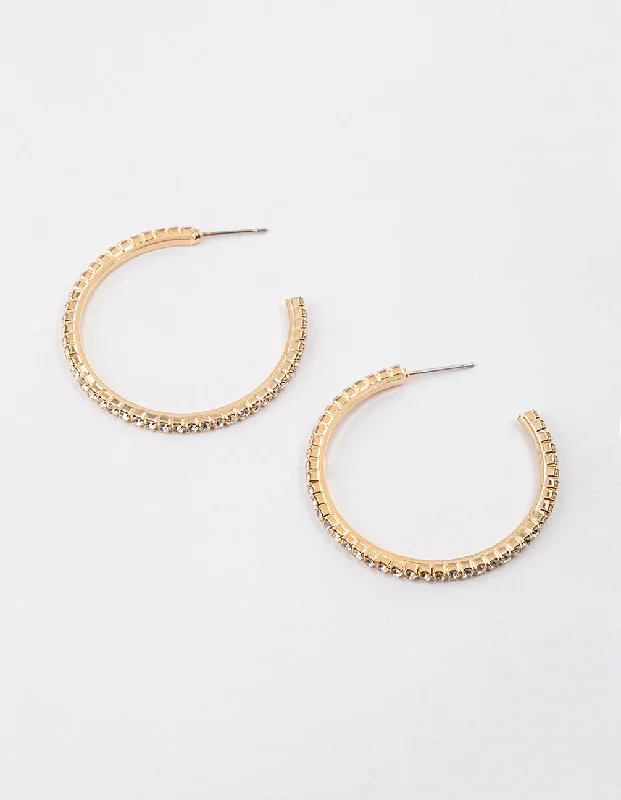 Star Shaped Earrings-Gold Medium Diamante Hoop Earrings