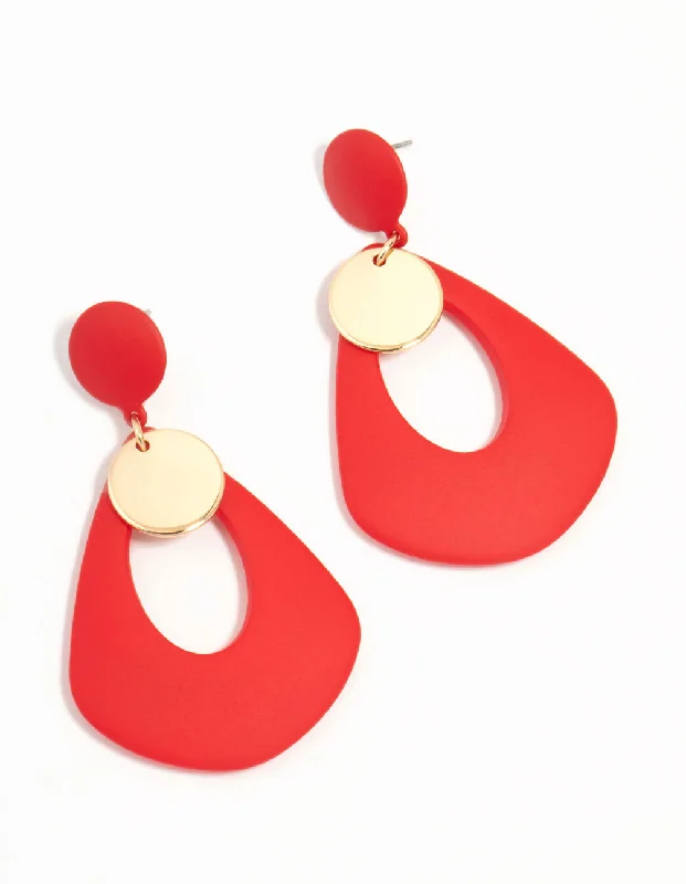 Natural Stone Earrings-Red Coated Metal Trapeze Drop Earrings