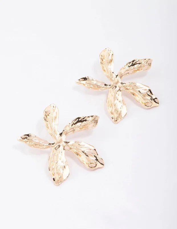 Casual Earrings-Gold Large Flower Stud Earrings