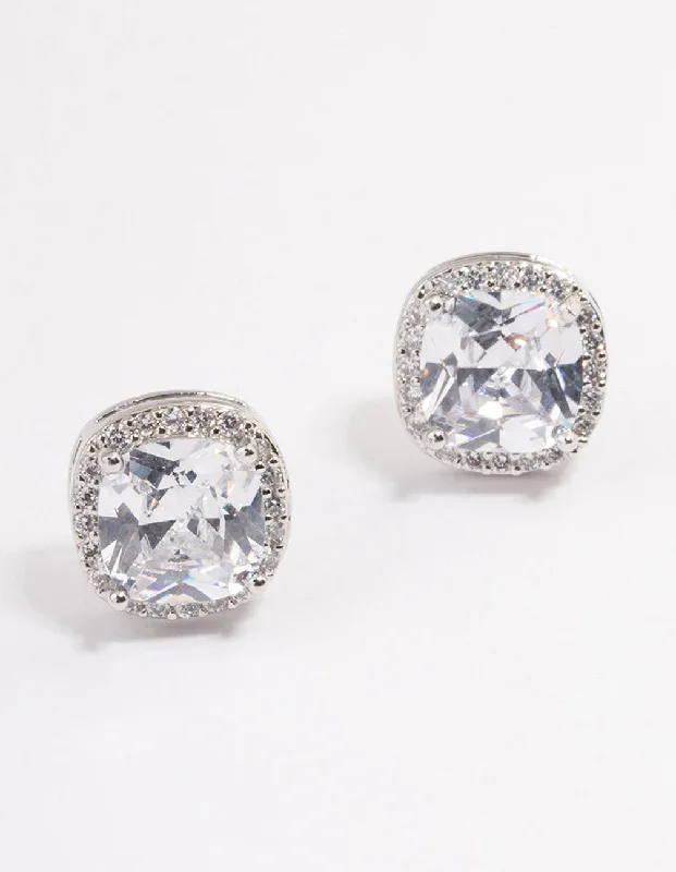 Elegant Hoops with Diamonds-Silver Plated Cubic Zirconia Square Halo Stud Earrings