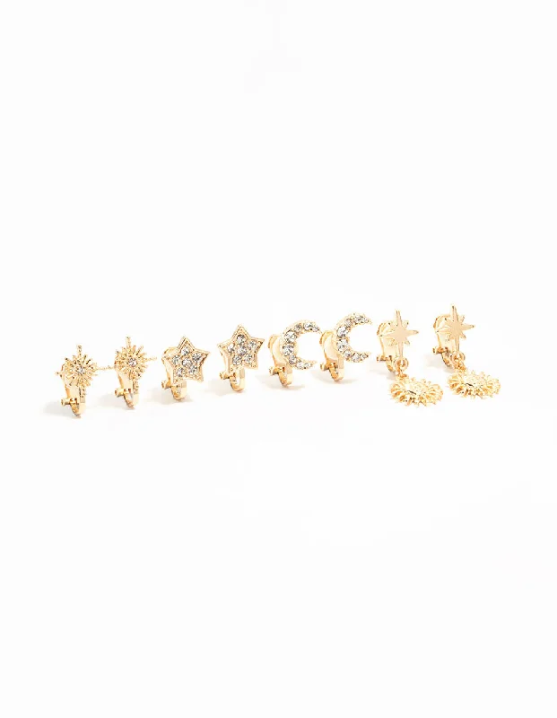 Elegant Drop Stud Earrings-Gold Star & Moon Clip On Earrings 4-Pack