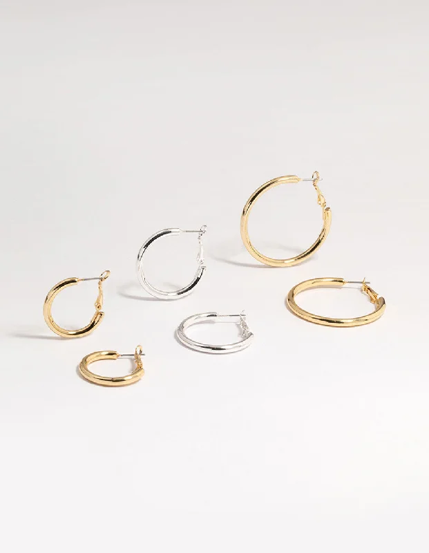 Fancy Drop Earrings-Mixed Metals Basic Thick Hoop Earrings 3-Pack