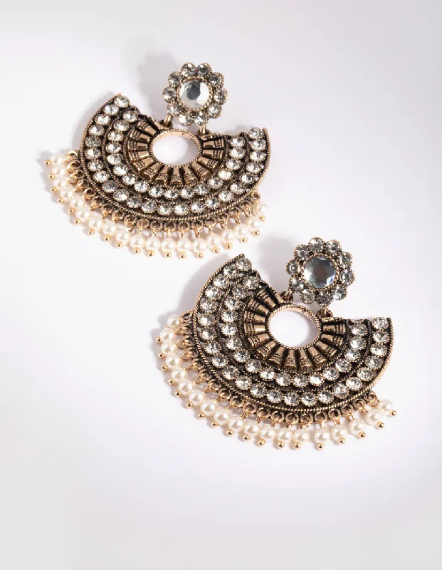 Elegant Drop Stud Earrings-Antique Gold Diamante & Pearl Chandbali Earrings