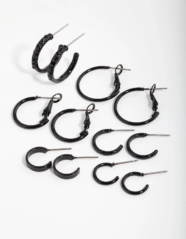 Geometric Dangle Earrings-Matte Black Diamante 6-Pack Earring