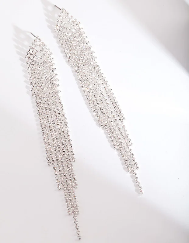 Simple Silver Earrings-Silver Diamante Long Earrings