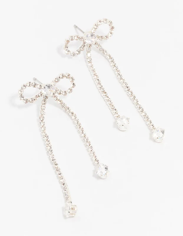 Dangling Gold Earrings-Silver Diamante Cupchain Bow Drop Earrings