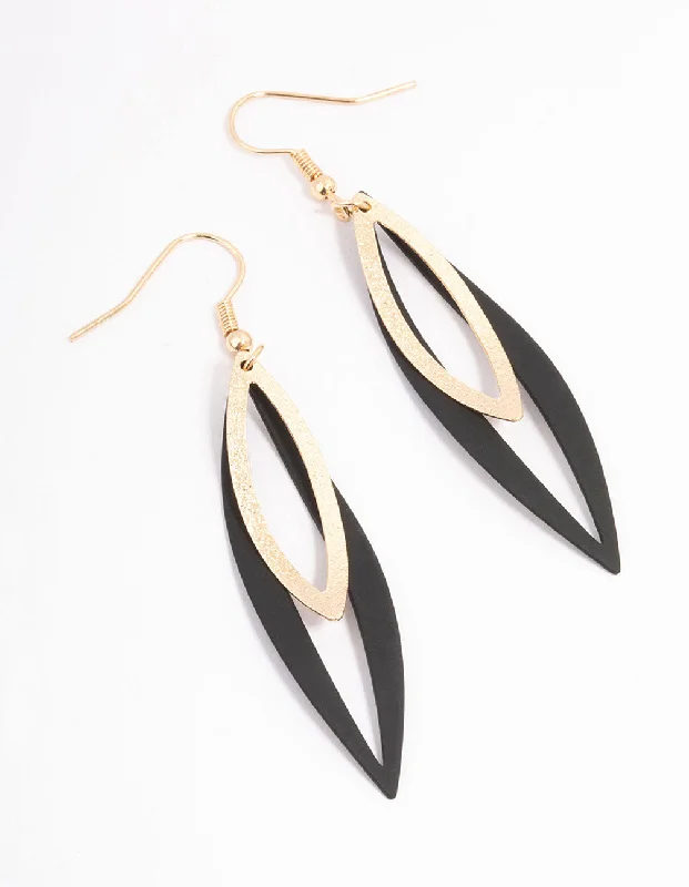 Vintage Gold Earrings-Black Foiled Double Leaf Drop Earrings