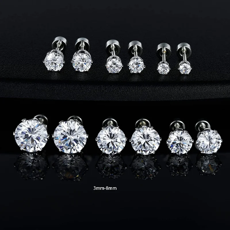 3mm-8mm Stainless Steel Zircon Earrings 6 Pairs