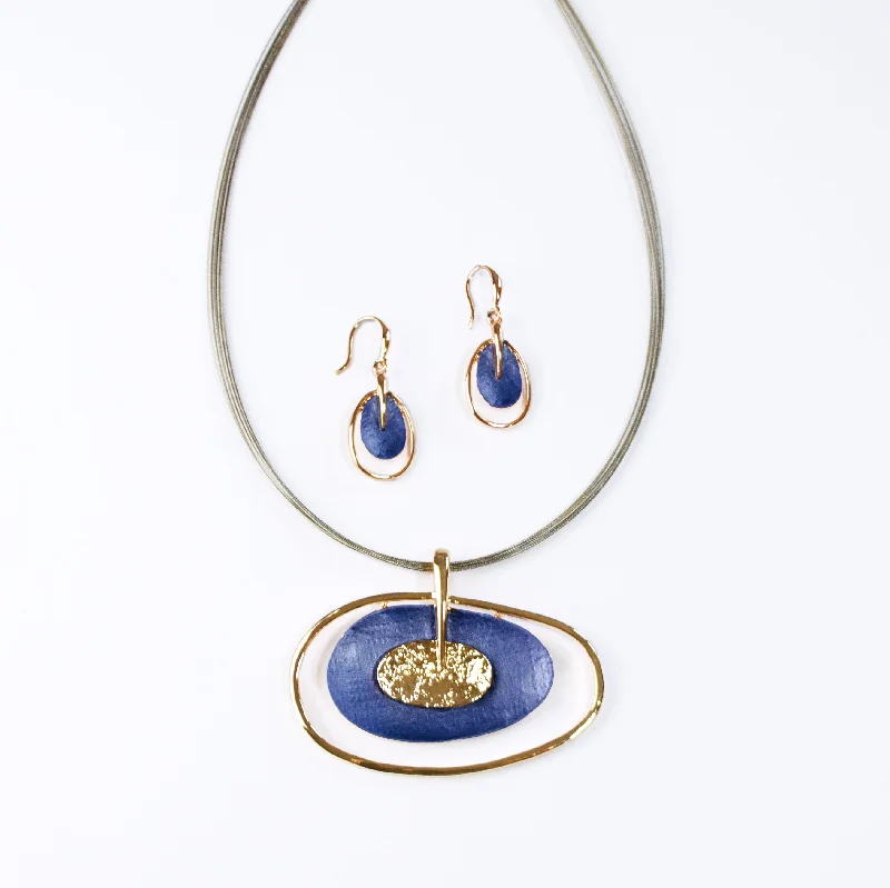 Handmade Silver Necklace-Boho Style Double Oval Necklace and Earring Set, Rose Gold & Blue