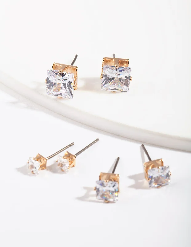 Colored Hoop Earrings-Gold Square Cut Diamante Stud Pack