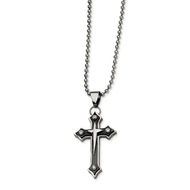 Sparkling Crystal Necklace-Stainless Steel Black IP-plated Cross with CZ Pendant Necklace