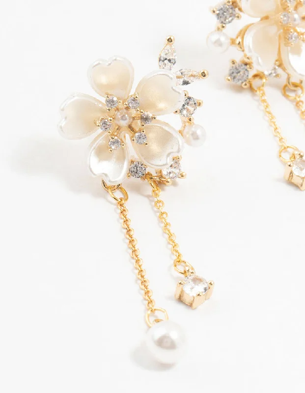 Luxury Designer Earrings-Gold Plated Acrylic Flower Pearl Drop Earrings