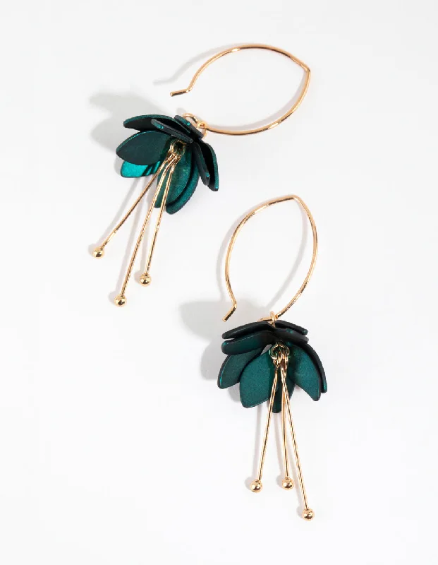 Dainty Gold Earrings-Green Mini Flower Drop Earrings