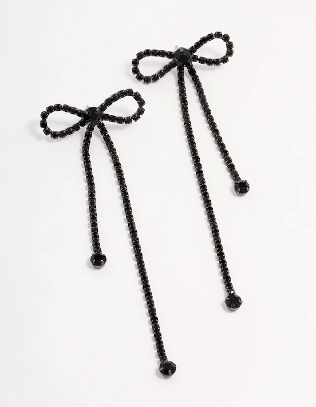 Sterling Silver Earrings-Jet Black Diamante Bow Drop Earrings