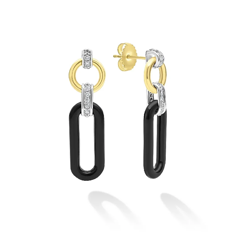 Simple Silver Drop Earrings-Signature Caviar 18K Gold and Black Ceramic Diamond Link Drop Earrings