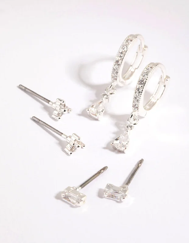 Chic Ear Huggers-Silver Stack Pack Earrings with Cubic Zirconia