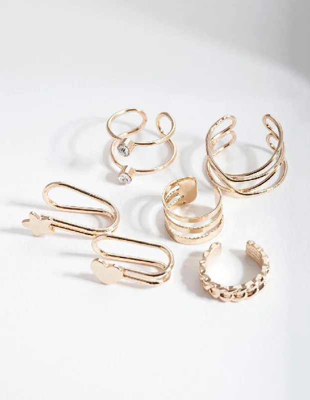 Gold-Plated Earrings-Gold Mixed Texture Ear Cuff 6-Pack