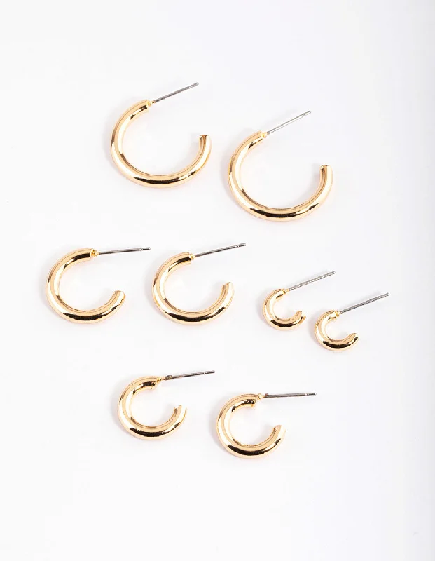 Trendy Statement Earrings-Gold Basic Round Hoop Earrings 4-Pack