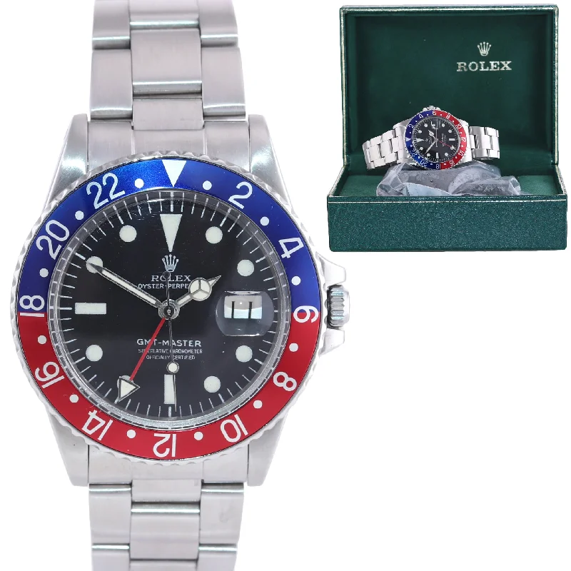 Black Leather Band Watch for Men-Rolex GMT-Master Pepsi Blue Red Steel Matte Oyster 16750 40mm Watch Box