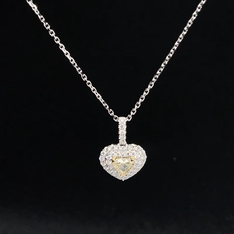 Dainty Gold Necklace-Fancy Yellow & White Diamond Heart Double Halo Pendant Necklace in 18k Two Tone Gold - (#140-JP0997GP - 03)