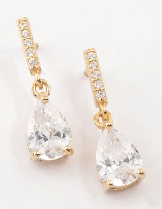 Silver Teardrop Earrings-Gold Plated Sterling Silver Teardrop Cubic Zirconia Drop Earrings