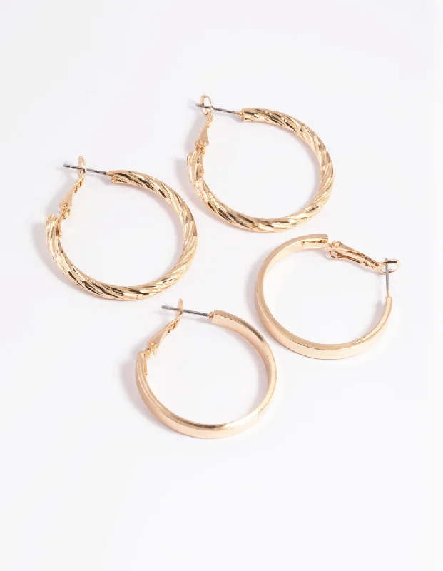 Long Tassel Earrings-Gold Wide Textured Hoop Earring Set