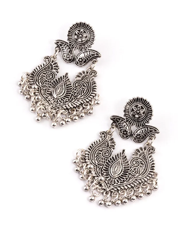 Gold-Plated Earrings-Antique Silver Filigree Bead Drop Jhumka Earrings