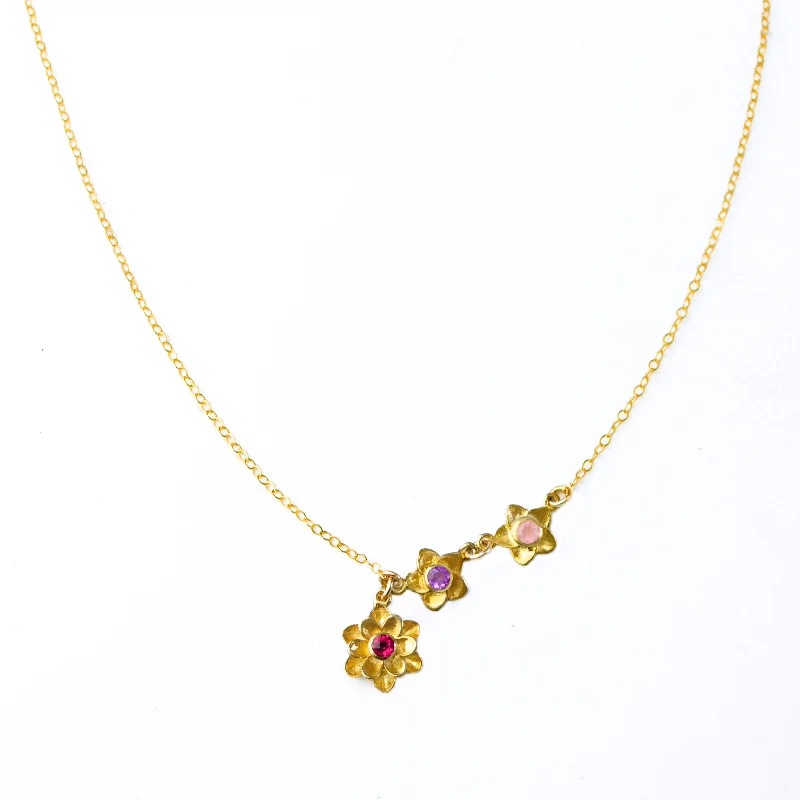 Gold Chain Necklace-Bloom Lariat Style Birthstone Charm Necklace for Mom, Flower Pendants