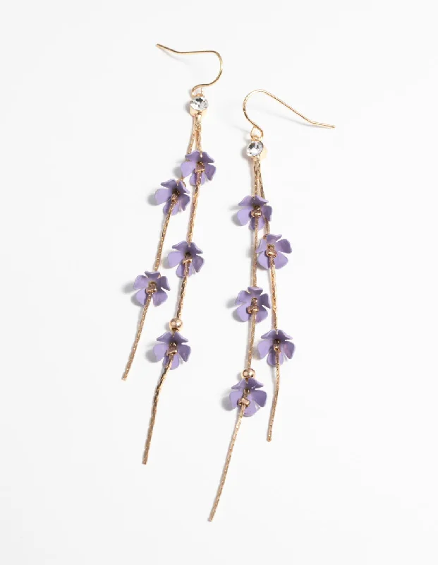 Glittery Hoop Earrings-Gold & Lilac Flower Earrings