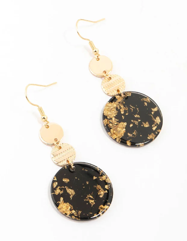 Large Dangle Earrings-Gold & Black Textured Printed Disc Drop Earrings