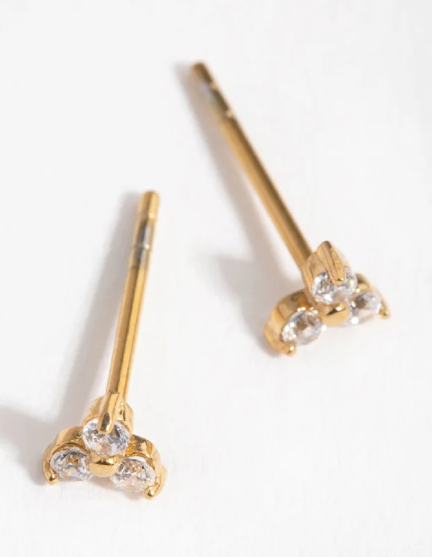 Custom Earrings for Gift-24 Carat Gold Plated Surgical Steel Cubic Zirconia Trio Cluster Stud Earrings