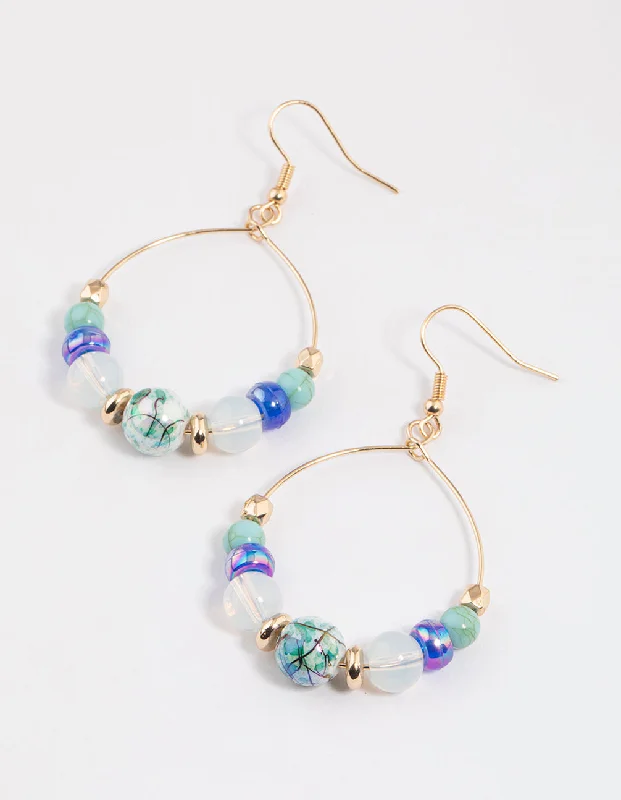 Metal Hoop Earrings-Blue Mixed Bead Wire Drop Earrings