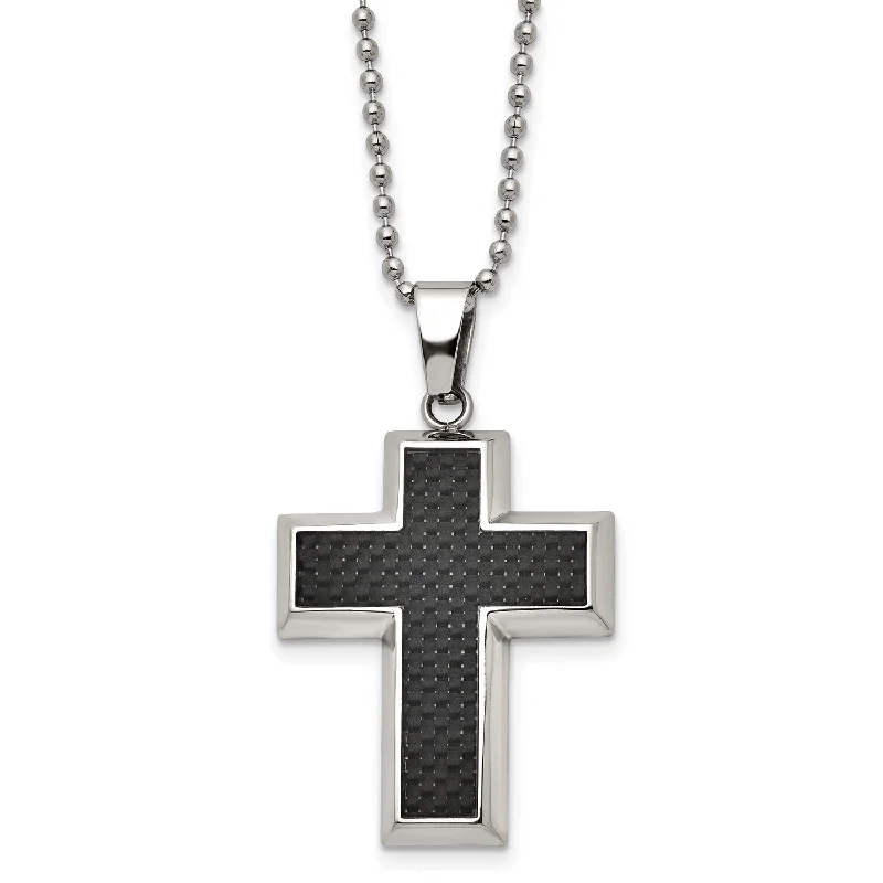 Unique Gold Necklace-Titanium Polished w/Black Carbon Fiber Inlay Cross 22in Necklace