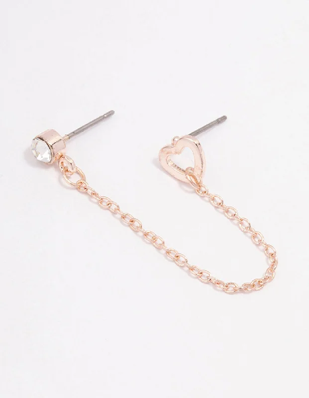 Pearl Dangle Earrings-Rose Gold Diamante & Heart Chain Drop Earrings