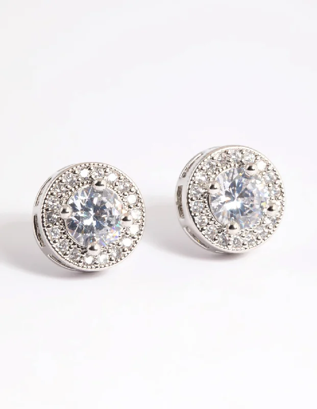 Fashionable Clip-On Earrings-Silver Pave Circle Stud Earrings