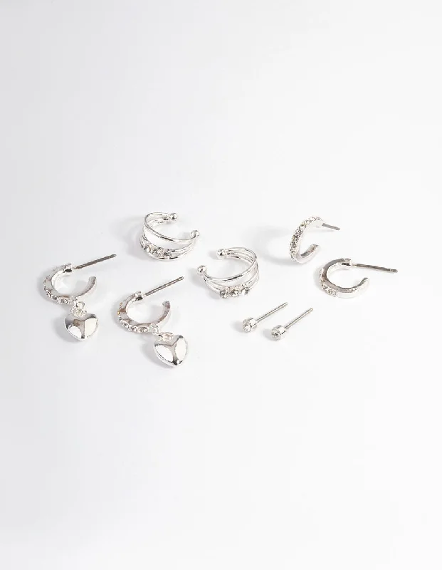 Silver Teardrop Earrings-Silver Crystal Puffed Heart Earrings 4-Pack