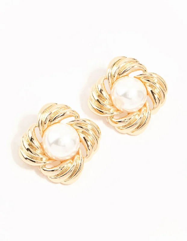 Cute Animal Earrings-Gold Ribbed & Pearl Vintage Stud Earrings